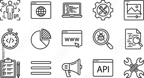 Web Development, Software Engineering, Programming, SEO, Bug Fixing, API, and Maintenance Outline Icons Set: Modern Vector Symbols for Coding and Digital Technology.