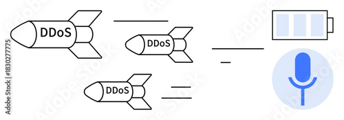 Three missiles labeled DDoS moving toward a battery and microphone icon, symbolizing cyberattacks and data vulnerabilities. Ideal for cyber defense, IT risks, hacking threats, network issues, system