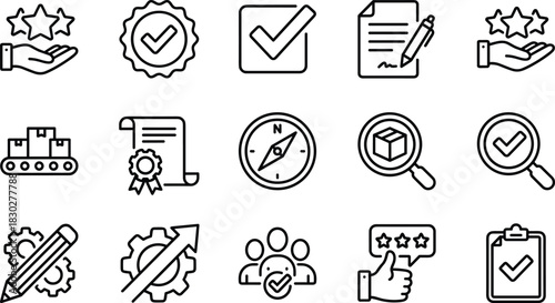 Quality Control, Certification, and Business Success Line Icon Set, Satisfaction, Guarantee, Logistics, Management, Auditing, and Performance Outline Symbols Vector