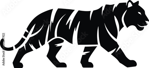 Black silhouette graphic of a walking tiger with stylized stripes, isolated on white background