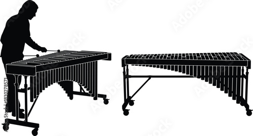 Silhouette of a professional male percussionist playing a large concert marimba with mallets, isolated on a white background, black and white vector illustration.
