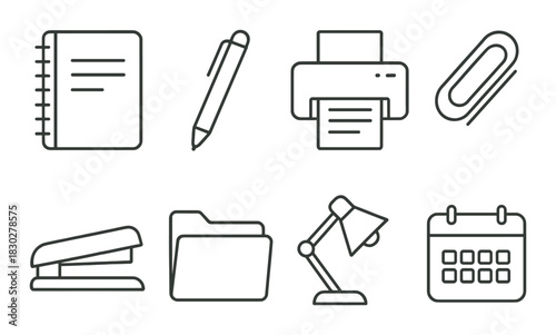 Outline icons of office supplies: notebook, pen, printer, and more