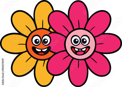Two happy cartoon flower characters with big eyes and smiles isolated on white background