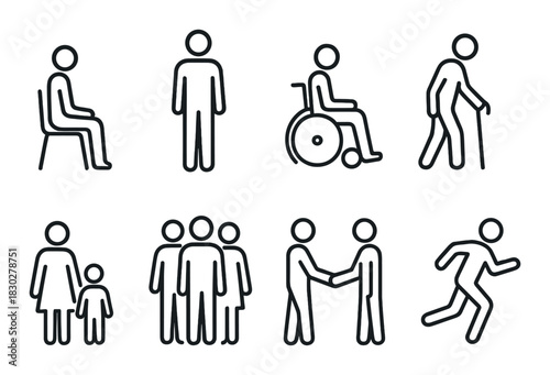 Minimalist human figures representing diverse actions and relationships