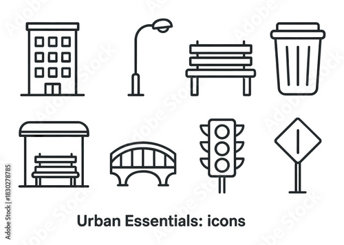 Urban essentials icons: building, bench, trash can, streetlight, bus stop, bridge, traffic light, sign