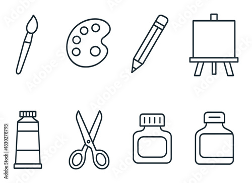 Art tools outline: brush, palette, pencil, easel, paint tube, scissors, ink bottles