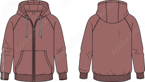 Zip-up hoodie front and back flat sketch, raglan sleeve kangaroo pocket drawstring hood metal tip ribbed cuff hem, cad drawing vector illustration design