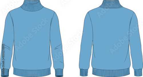 Turtleneck sweater front and back flat sketch, ribbed collar cuff hem relaxed sleeve detail, cad drawing flat vector illustration fashion template