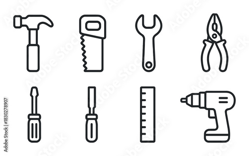 Set of diy tools icons on dark background: hammer, saw, wrench, pliers, screwdriver, ruler, drill