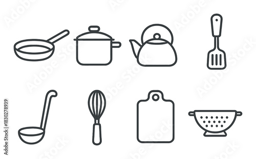 Kitchen utensil icons: pan, pot, kettle, spatula, ladle, whisk, cutting board, colander