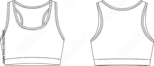 Sports bra front and back flat sketch, scoop neckline racerback wide strap fitted hem detail, cad drawing flat vector illustration activewear fashion template