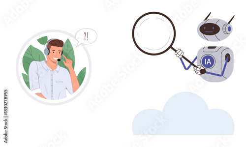 Customer service agent speaking through headset, AI robot holding magnifying glass. Ideal for technology, support, communication, AI integration, innovation, teamwork customer experience. A simple