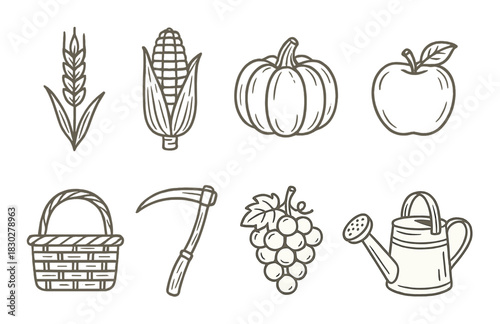 Farm harvest symbols: wheat, corn, pumpkin, apple, grape, tools, watering can
