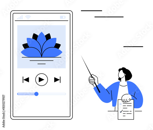 Mobile device displaying music or podcast app with blue lotus image and playback controls. Instructor holding document and pointing. Ideal for education, learning, audio, technology, training
