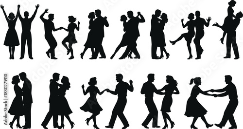 Silhouettes of couples dancing various styles like swing, salsa, and waltz, illustrating romance, partnership, celebration, and energetic social activity.