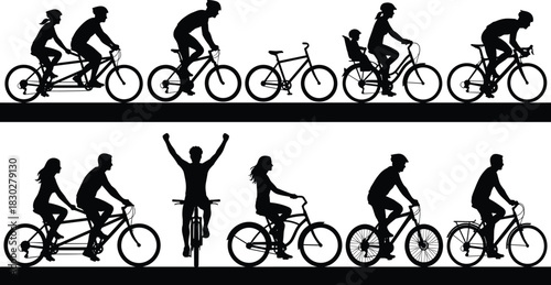 Silhouettes of diverse cyclists including racing, tandem, and family riders, illustrating cycling sport, leisure, tandem fun, fitness, and active transportation.