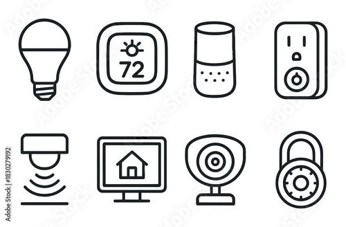 Smart home device icons: lighting, thermostat, speaker, plug, camera, security