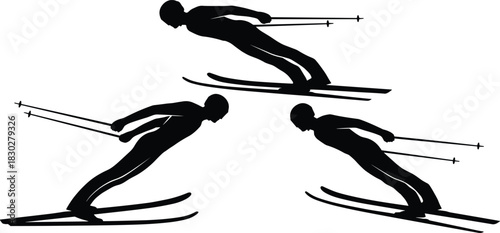 Silhouettes of downhill ski racers in high-speed, aerodynamic tuck positions, illustrating winter sports, speed, competition, and extreme skiing action on a white background.