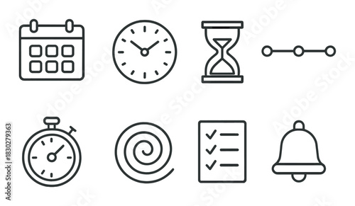 Icons of time management: calendar, clock, hourglass, stopwatch, checklist, bell