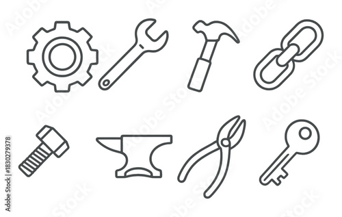 Monochrome icons of tools on industrial background