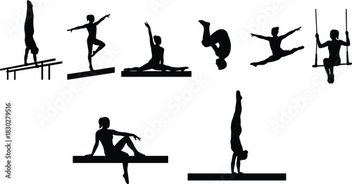 Silhouettes of female gymnasts performing diverse artistic movements on apparatus like parallel bars, balance beams, and trapeze, illustrating sport and agility.