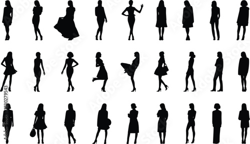 Extensive collection of diverse female fashion silhouettes, posing, walking, and standing in various modern clothing styles, vector illustration set.