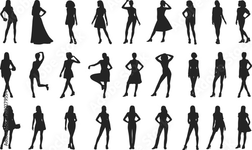 Extensive collection of diverse female silhouettes, posing, walking, and standing in various modern fashion and elegant clothing, vector set.