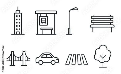 Urban elements: building, bus stop, streetlamp, bench, bridge, car, crosswalk, tree icons