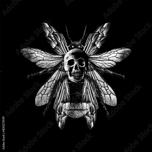 a bee combined with a human skull, blending natural detail with dark surrealism. The intricate wings and textured shading create a bold, gothic, and visually arresting design.