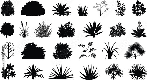 Extensive vector collection of diverse shrub and ornamental plant silhouettes, perfect for landscape design, nature, and garden graphic elements.