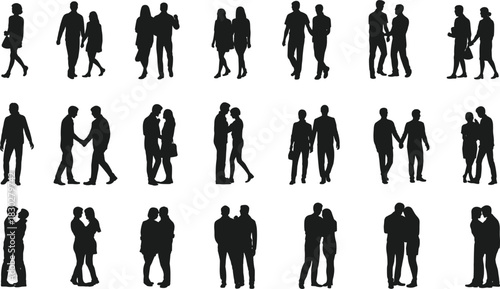 Extensive vector set of couple silhouettes walking, holding hands, hugging, and expressing romantic affection on a clean white background.