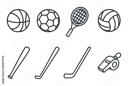 Outline icons of sports equipment: basketball, soccer, tennis, volleyball, baseball, hockey, whistle