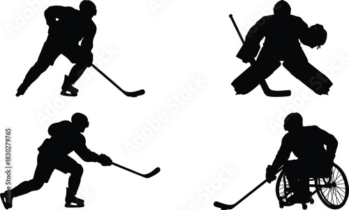 Silhouettes of ice hockey players, including a goalie and a sledge hockey athlete, illustrating winter sport, competition, action, and adaptive athleticism.