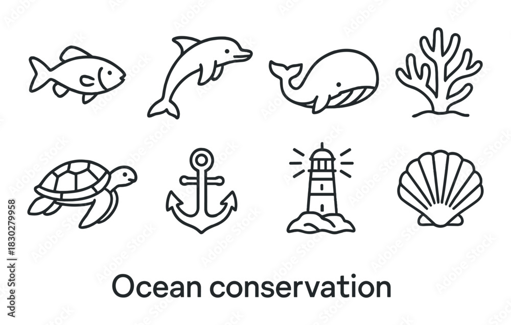 Fototapeta premium Ocean conservation icons with marine animals and nautical elements