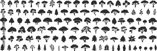 Massive vector collection of diverse tree and shrub silhouettes, showcasing various species, shapes, and foliage, for landscape design graphics.