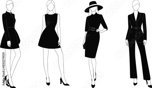 Set of four stylish women silhouettes with line art details, wearing elegant black dresses, suit, and hat, vector illustration.