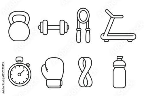 Minimalist gym equipment icons: kettlebell, dumbbell, jump rope, treadmill
