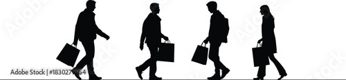 Silhouettes of four people walking and carrying shopping bags, representing consumers, retail, commerce, and city life on white.
