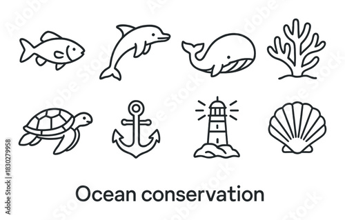 Ocean conservation icons with marine animals and nautical elements