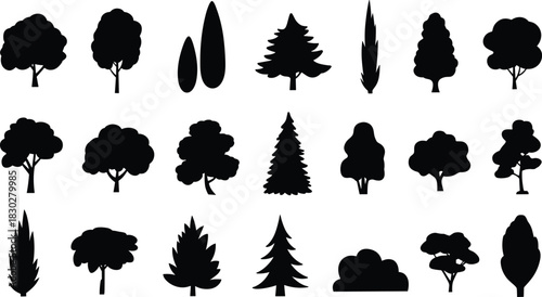 Vector set of diverse tree and bush silhouettes, including evergreen and broadleaf species, perfect for architecture and landscape design graphics.