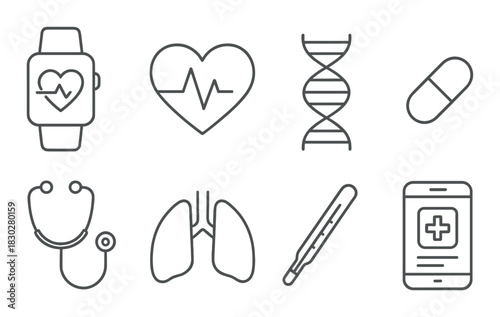 Healthcare technology icons: smartwatch, heart, dna, medicine, stethoscope, lungs, thermometer, mobile app