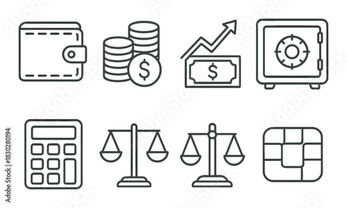 Finance icons: wallet, coins, growth chart, safe, calculator, scale, credit card