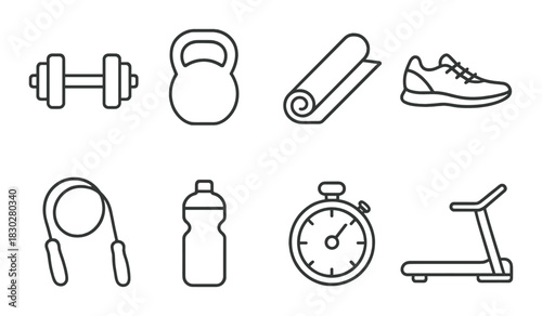 Fitness icons: dumbbell, kettlebell, yoga mat, running shoe, jump rope, water bottle, stopwatch, treadmill