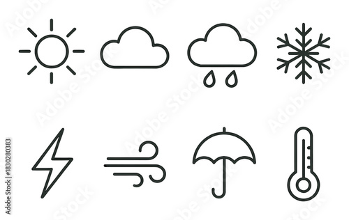 Weather icons: sun, cloud, rain, snowflake, lightning, wind, umbrella, thermometer