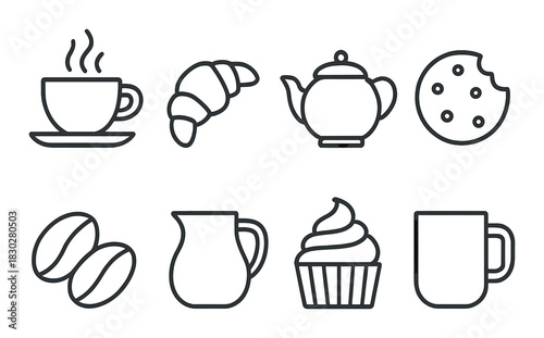 Monochrome coffee and bakery icons with cup, croissant, teapot, cookie