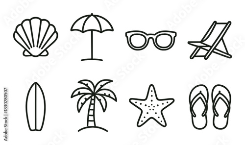 Beach icons: shell, umbrella, sunglasses, palm tree, surfboard, starfish, sandals