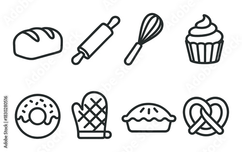 Collection of baking icons including bread, rolling pin, whisk, cupcake, donut, oven mitt, pie, pretzel