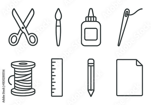 Diy craft tools: scissors, paintbrush, glue, thread, needle, ruler, pencil, paper