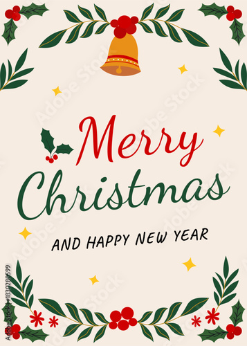 Christmas Greeting Card with Bell and Holly Folliage Illustration
