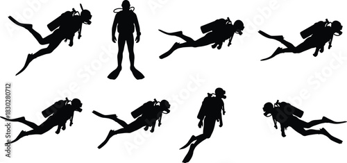 Silhouettes of scuba divers in various underwater swimming and floating positions, equipped with gear and fins, illustrating diving and marine exploration.